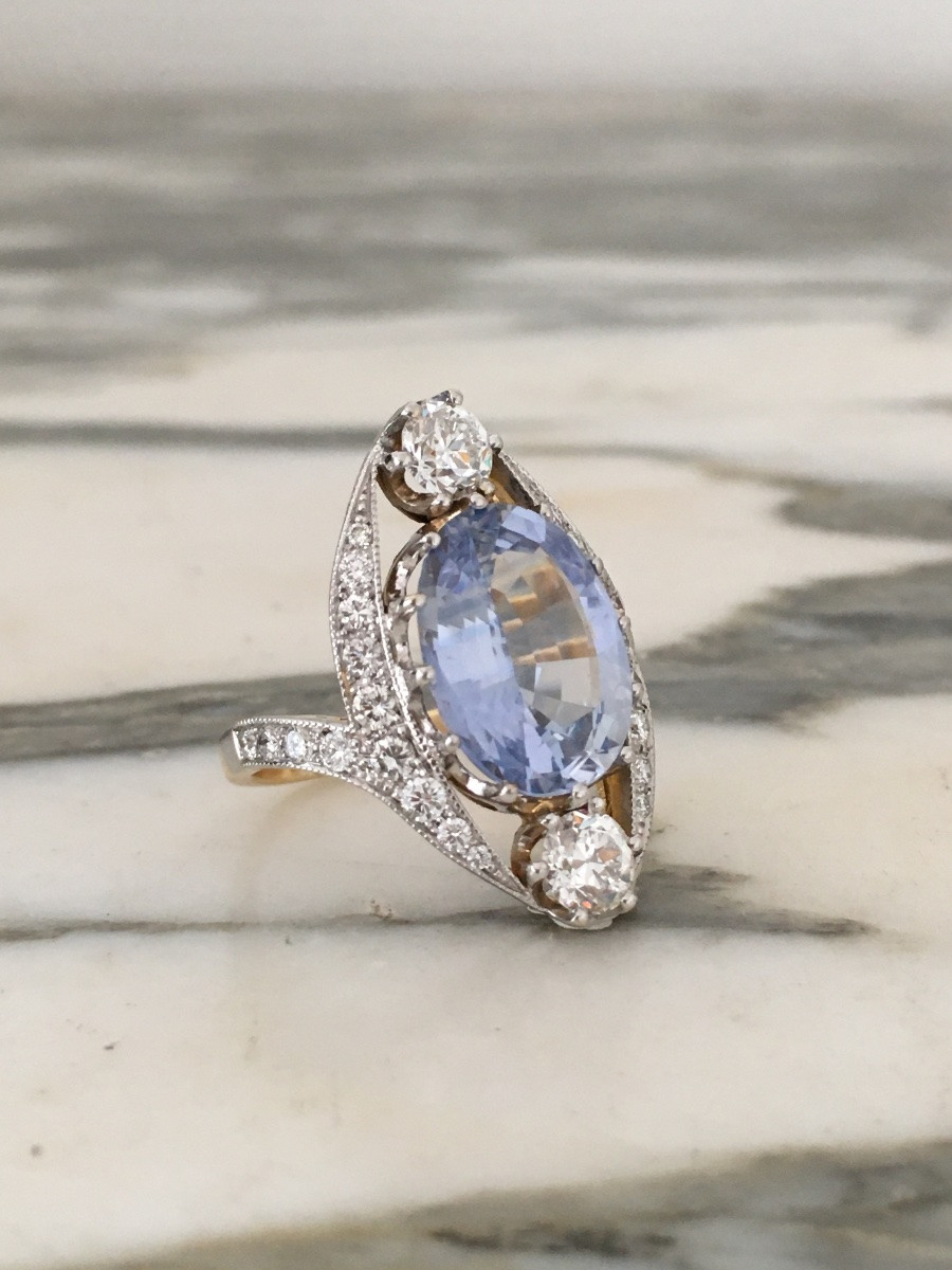 Important Belle époque Style Ring In 18k Gold With An Unheated Ceylon Sapphire -photo-4