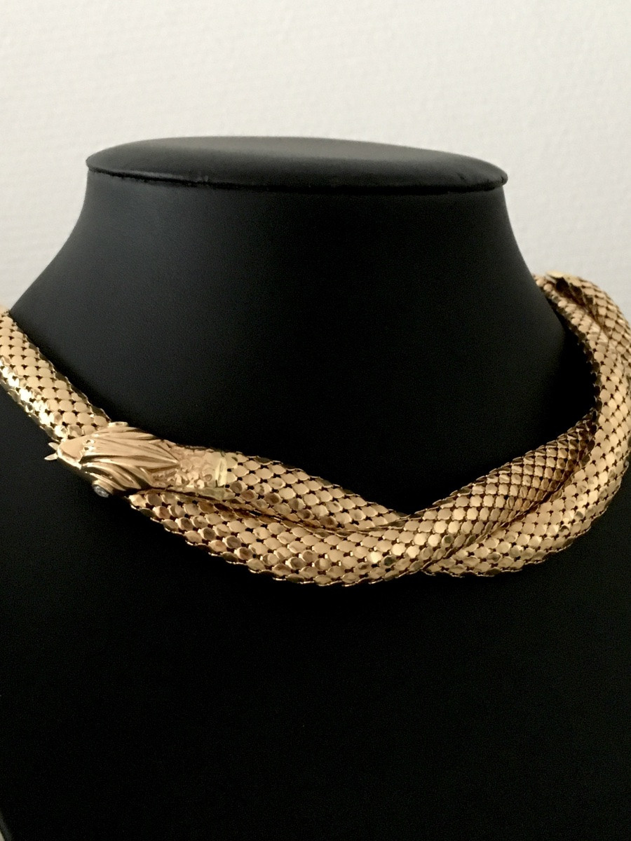 18k Yellow Gold Snake And Diamond Necklace -photo-2