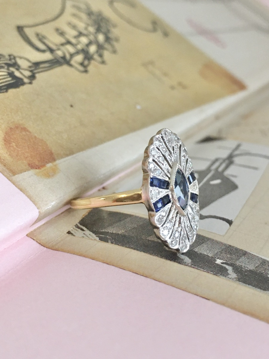 Bague Art Déco en or jaune 18K saphirs et diamants -photo-1