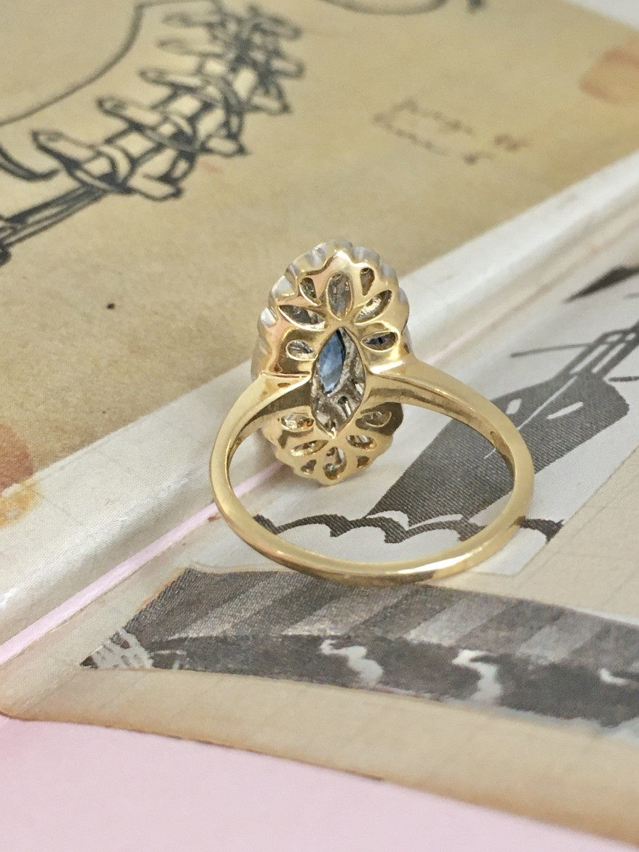 Bague Art Déco en or jaune 18K saphirs et diamants -photo-3