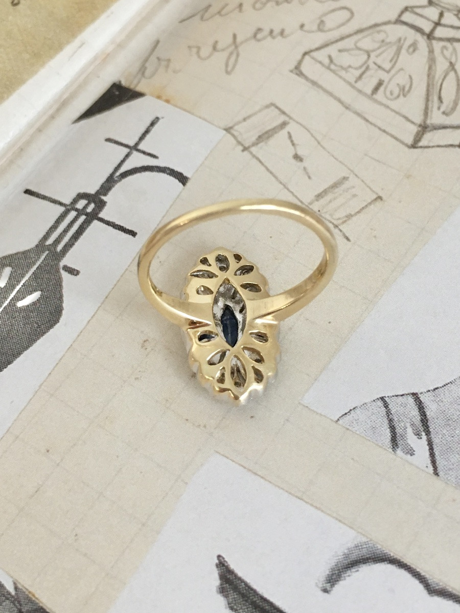 Bague Art Déco en or jaune 18K saphirs et diamants -photo-4