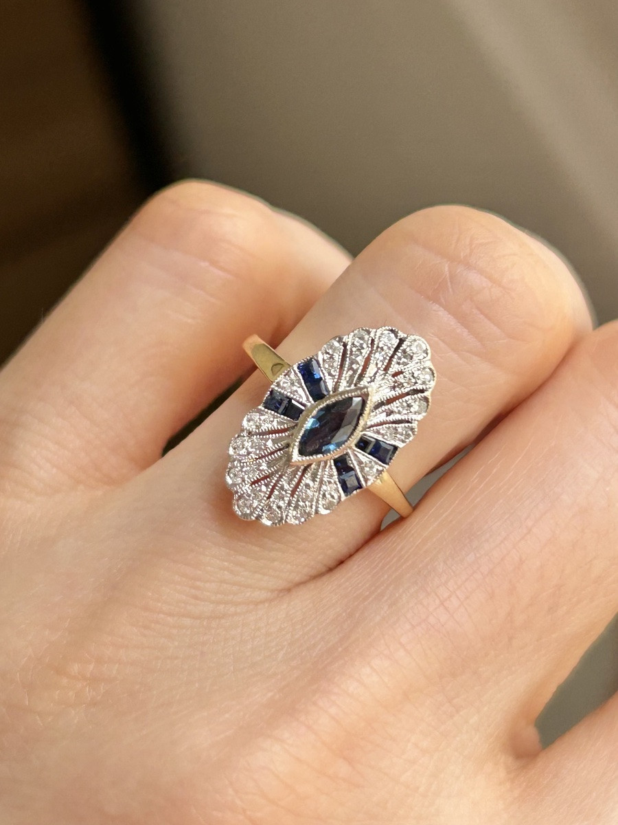 Bague Art Déco en or jaune 18K saphirs et diamants -photo-5