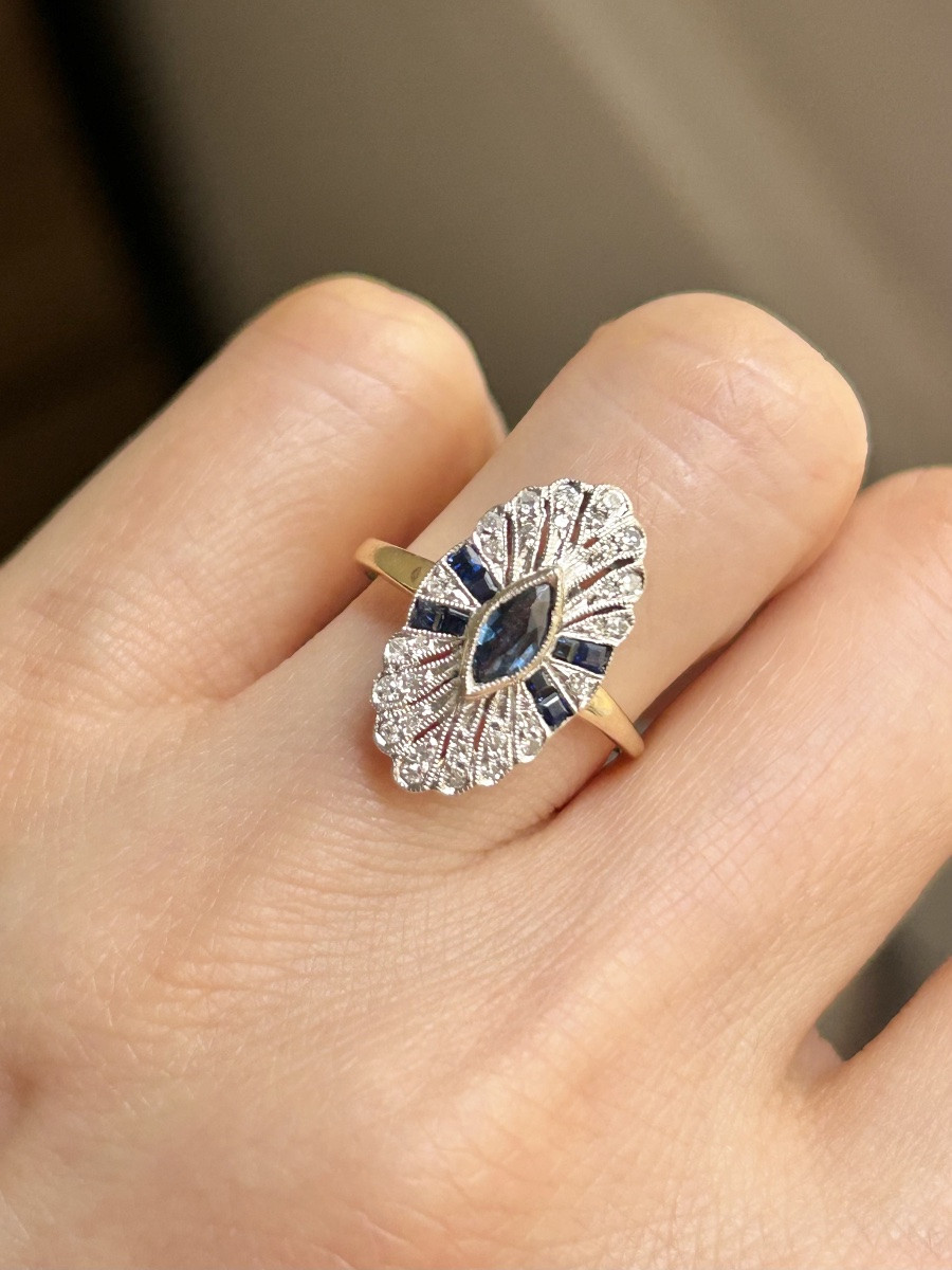 Bague Art Déco en or jaune 18K saphirs et diamants -photo-7