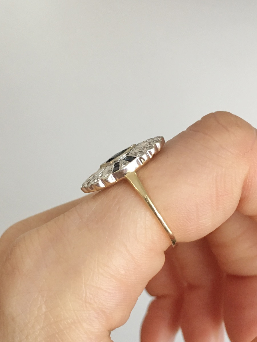 Bague Art Déco en or jaune 18K saphirs et diamants -photo-8
