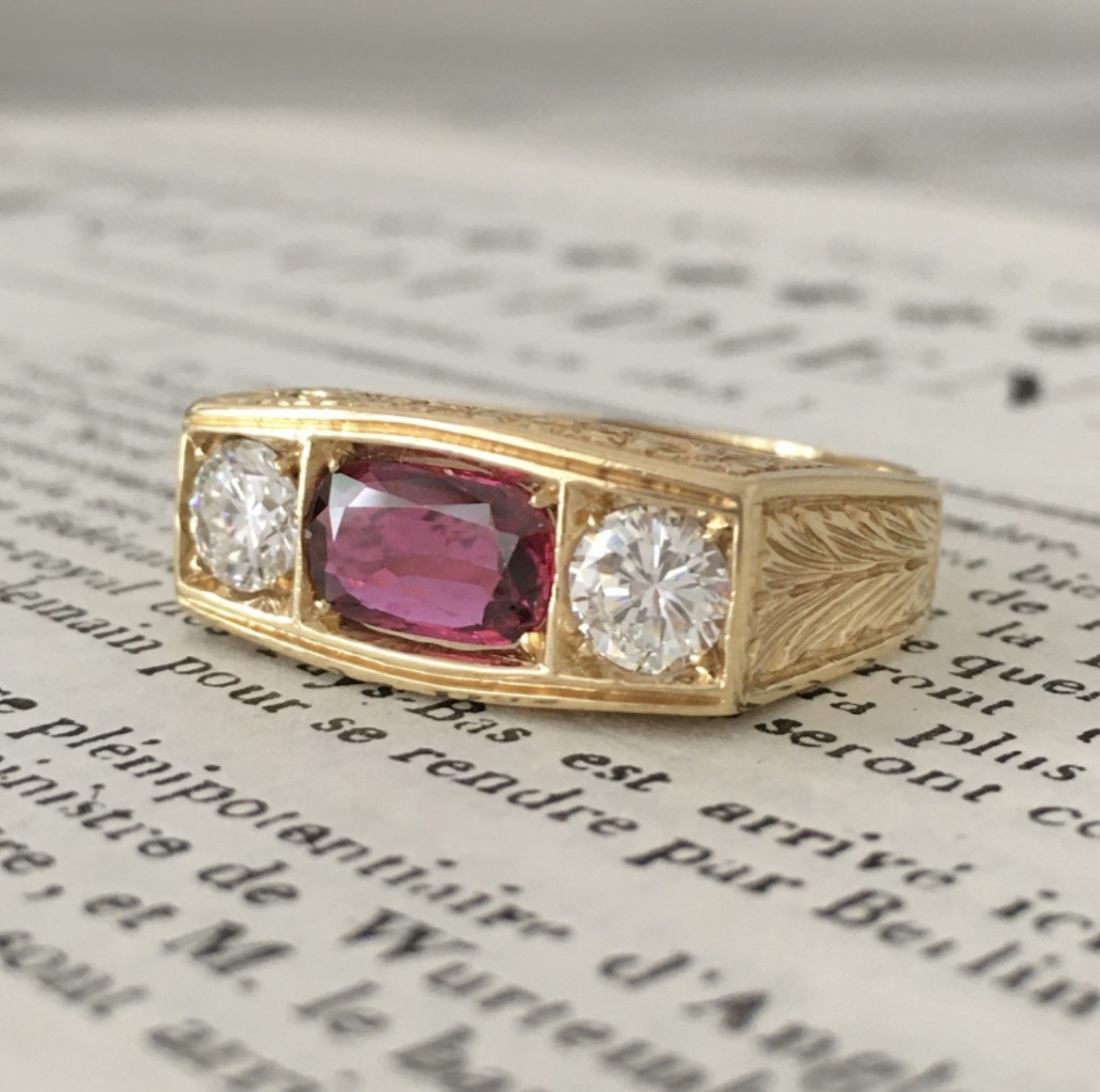 Art Deco Ring In 18k Yellow Gold Set With An Unheated Ruby And Diamonds 