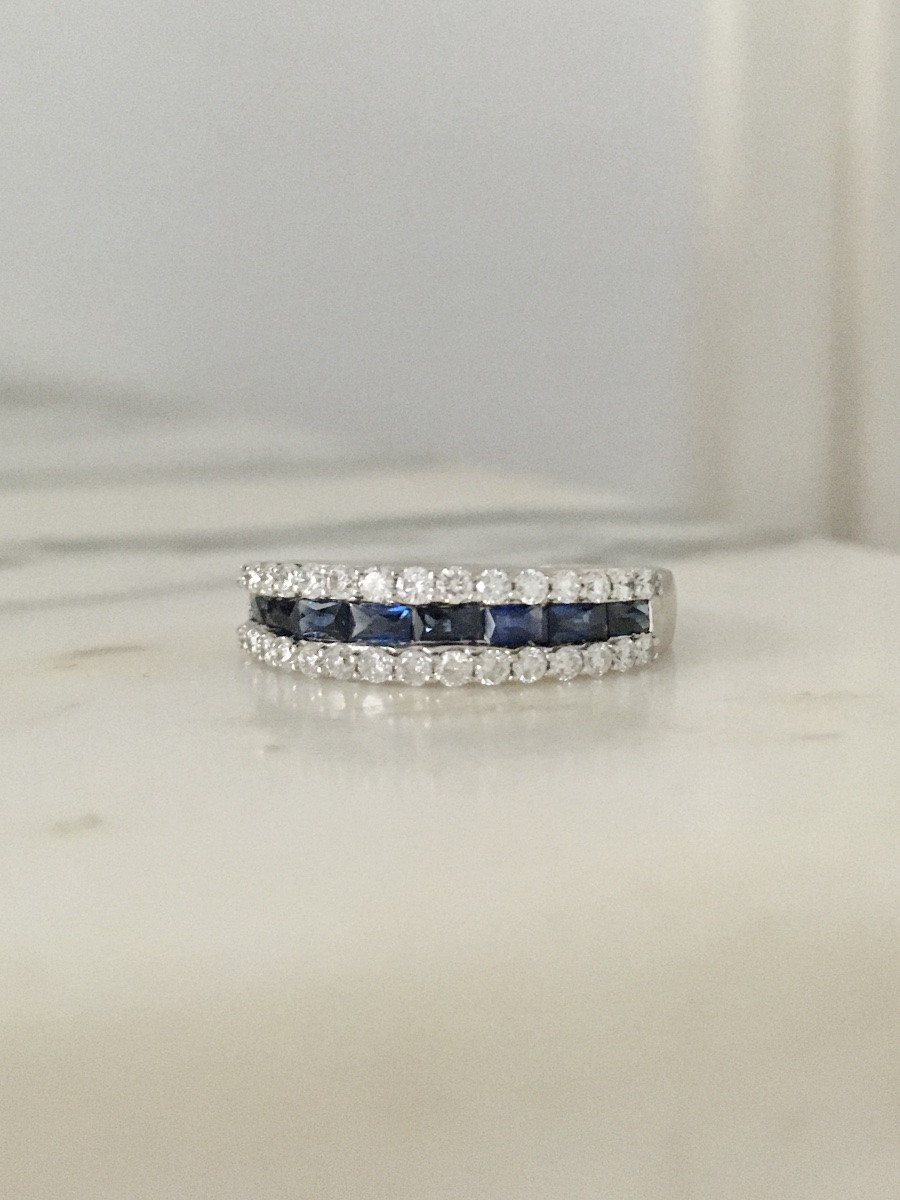 Bague en or blanc 18K saphirs et diamants -photo-3