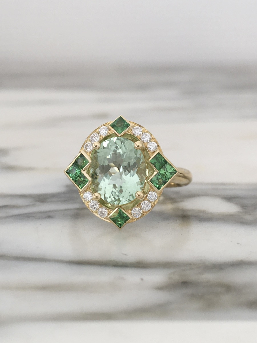 18k Yellow Gold Ring With Green Tourmaline, Diamonds And Tsavorites-photo-2