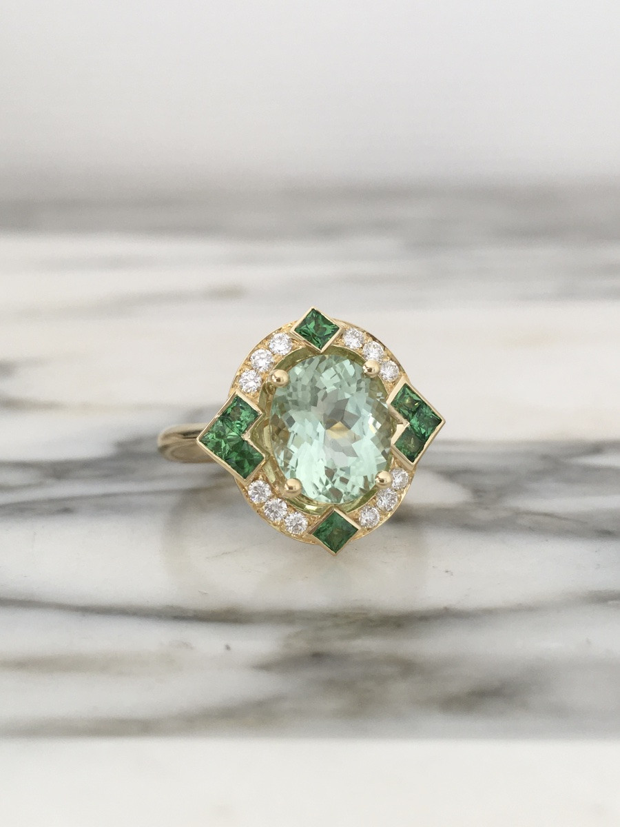 18k Yellow Gold Ring With Green Tourmaline, Diamonds And Tsavorites-photo-2