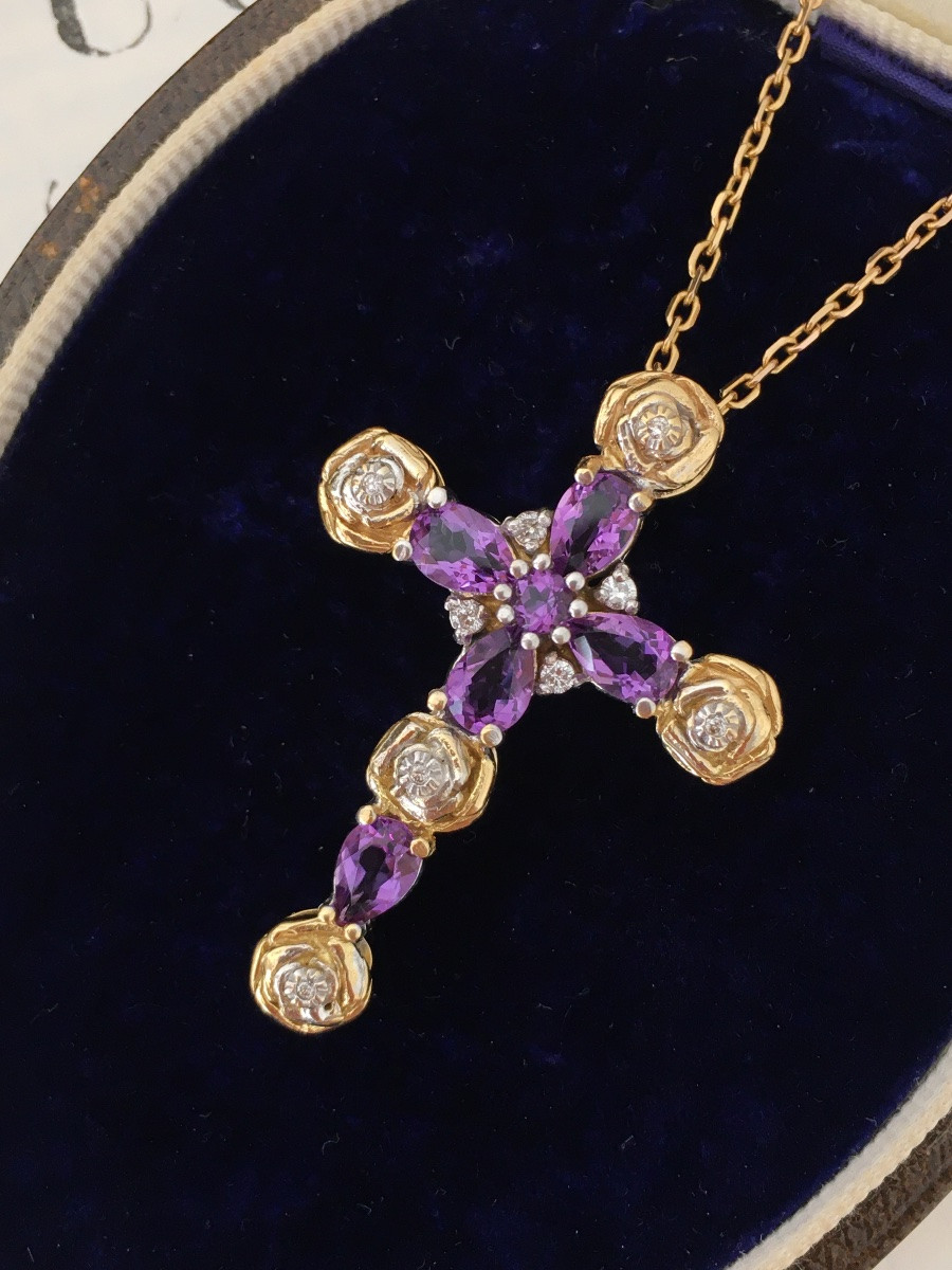18k Gold Cross With Amethysts And Diamonds -photo-2