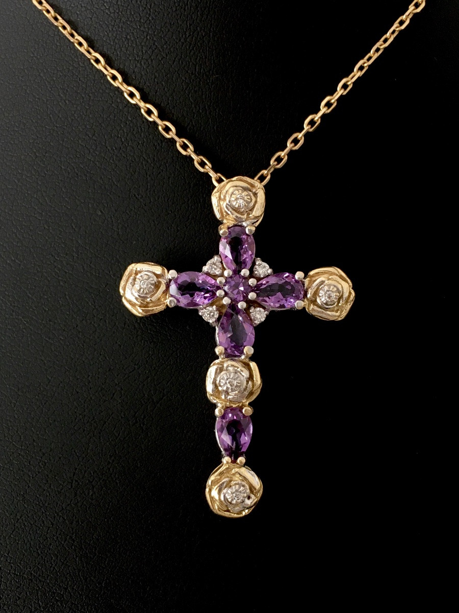 18k Gold Cross With Amethysts And Diamonds -photo-5