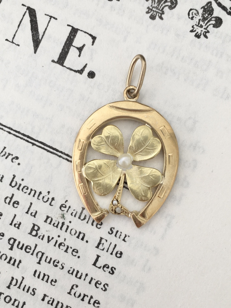 Pendentif Art Nouveau porte-bonheur en or jaune et vert 18K fer à cheval-photo-2