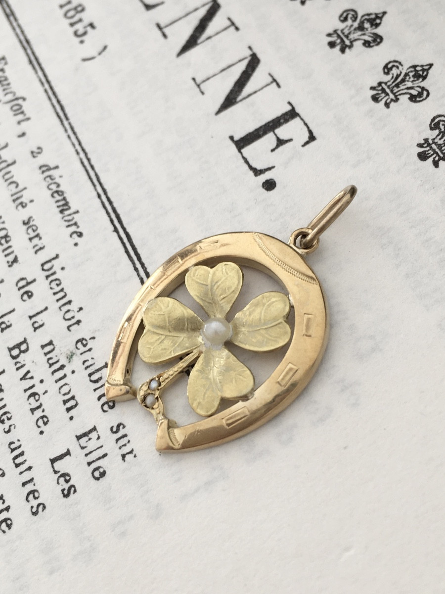 Pendentif Art Nouveau porte-bonheur en or jaune et vert 18K fer à cheval-photo-3