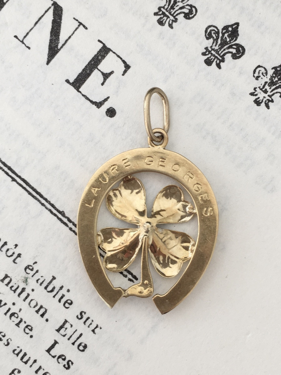 Pendentif Art Nouveau porte-bonheur en or jaune et vert 18K fer à cheval-photo-4
