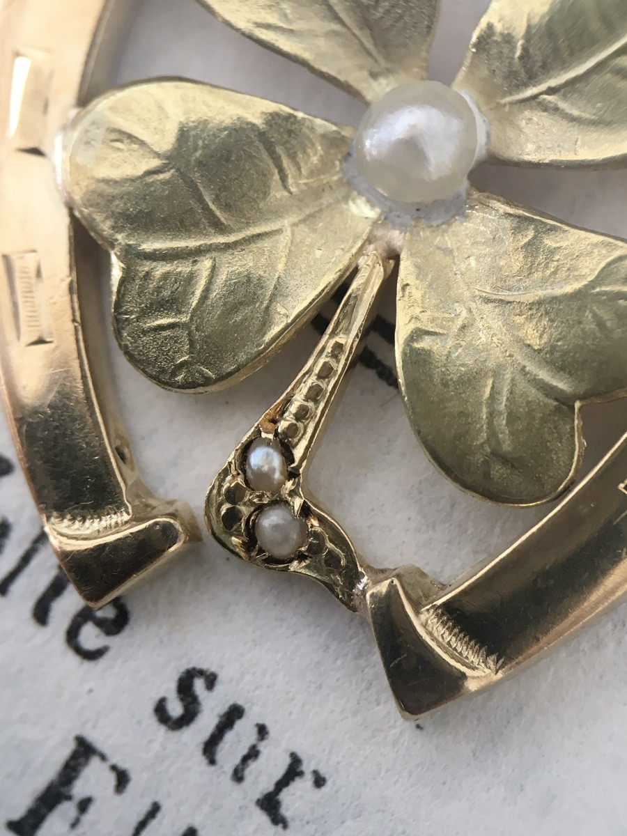 Pendentif Art Nouveau porte-bonheur en or jaune et vert 18K fer à cheval-photo-1