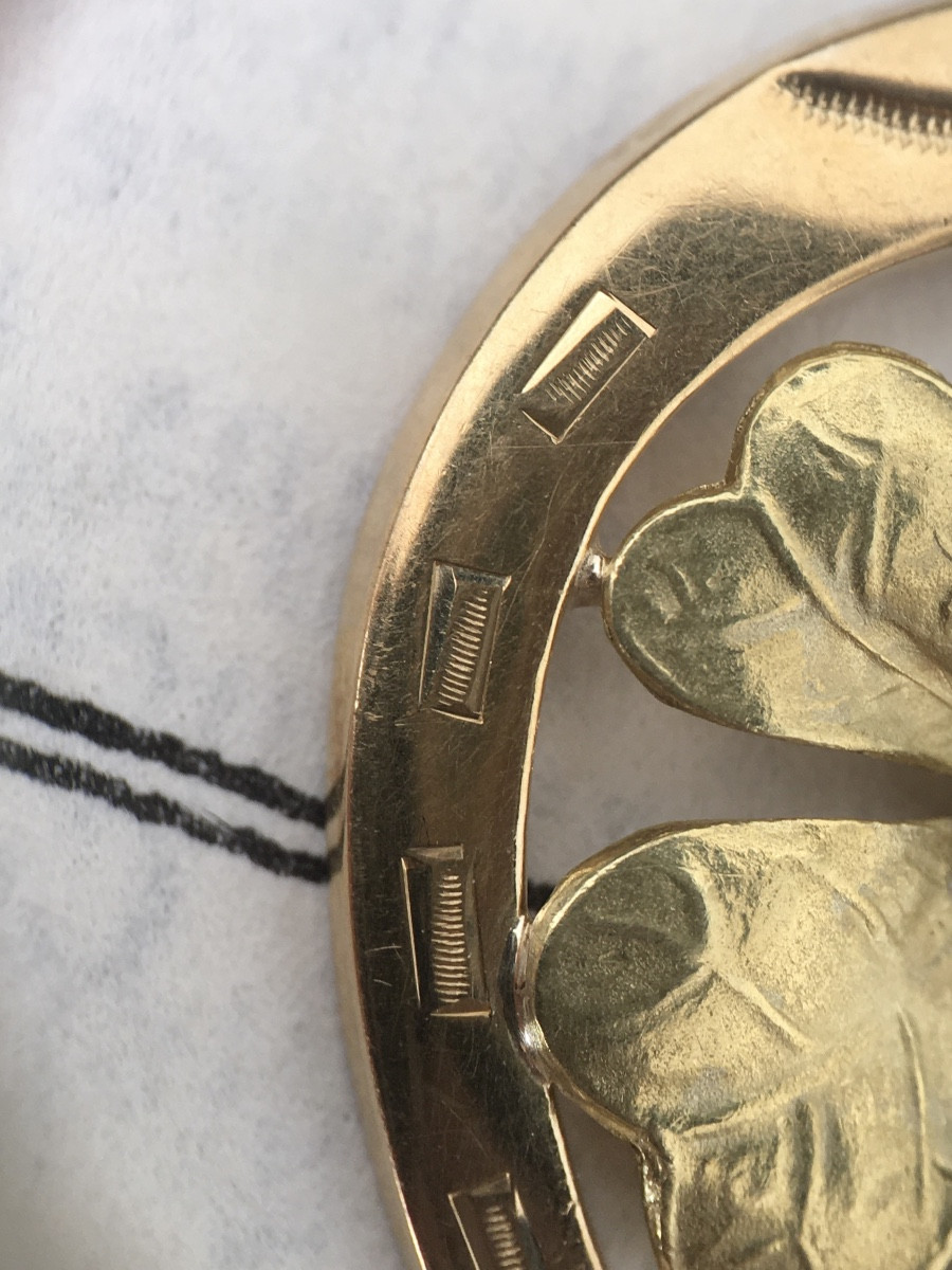 Pendentif Art Nouveau porte-bonheur en or jaune et vert 18K fer à cheval-photo-2