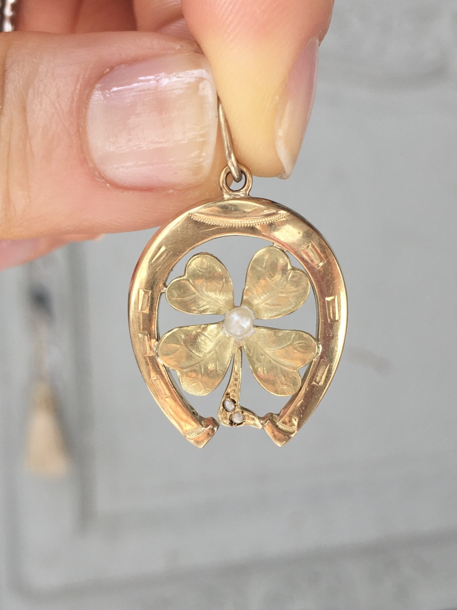 Pendentif Art Nouveau porte-bonheur en or jaune et vert 18K fer à cheval-photo-3