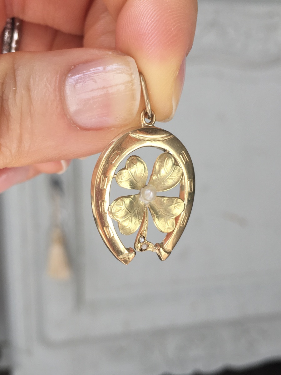 Pendentif Art Nouveau porte-bonheur en or jaune et vert 18K fer à cheval-photo-4