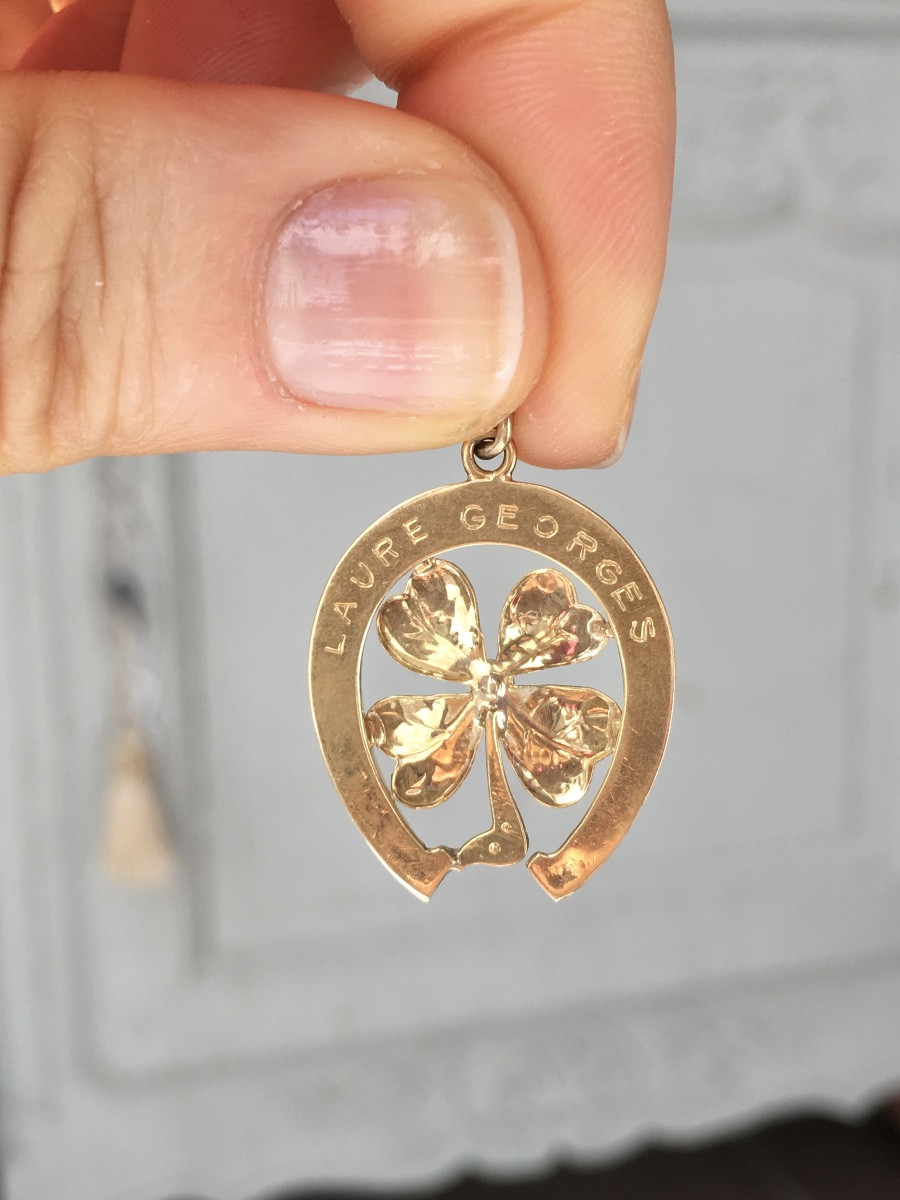 Pendentif Art Nouveau porte-bonheur en or jaune et vert 18K fer à cheval-photo-5