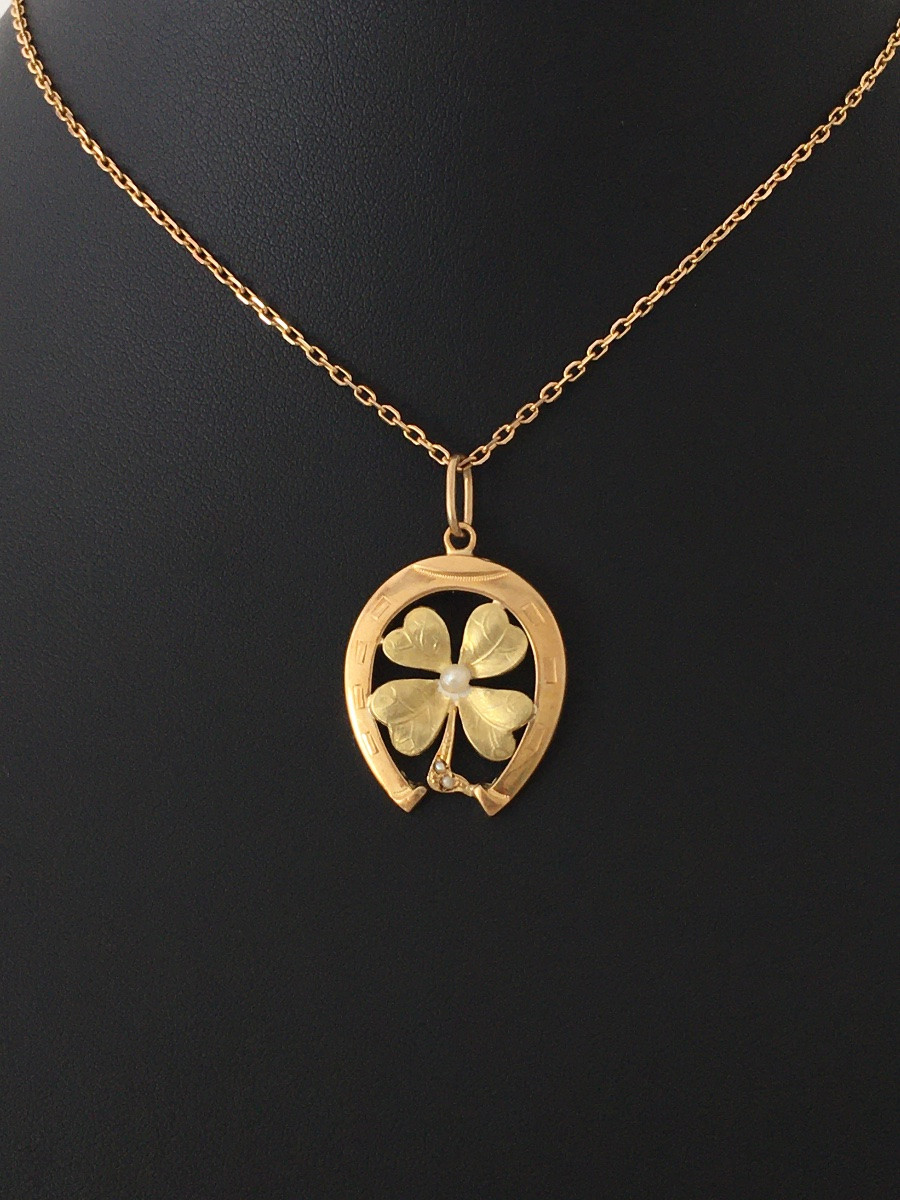 Pendentif Art Nouveau porte-bonheur en or jaune et vert 18K fer à cheval-photo-6