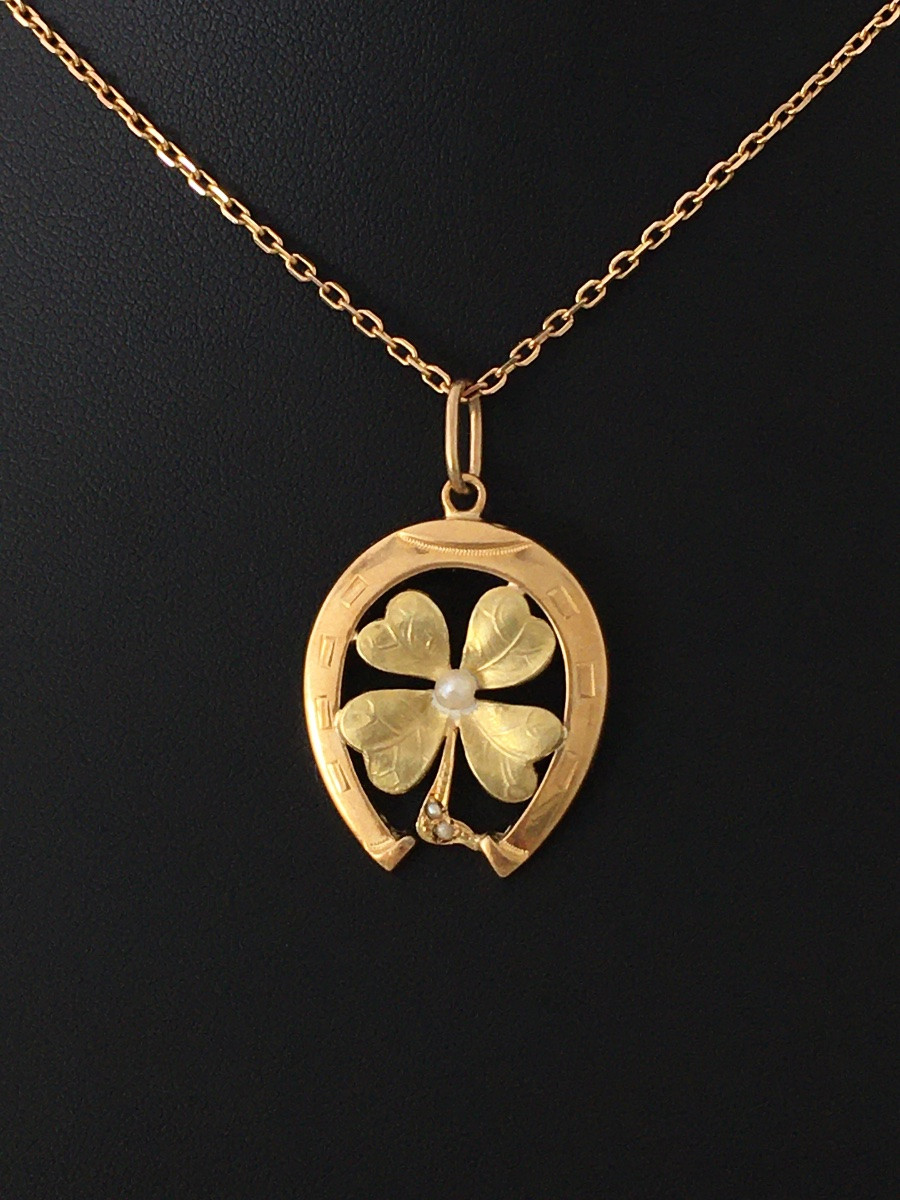 Pendentif Art Nouveau porte-bonheur en or jaune et vert 18K fer à cheval-photo-7