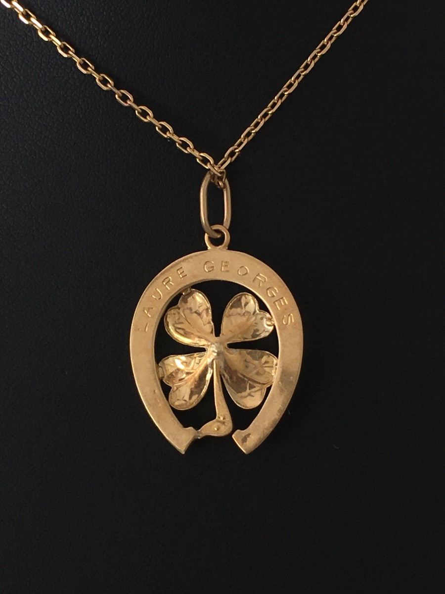 Pendentif Art Nouveau porte-bonheur en or jaune et vert 18K fer à cheval-photo-8