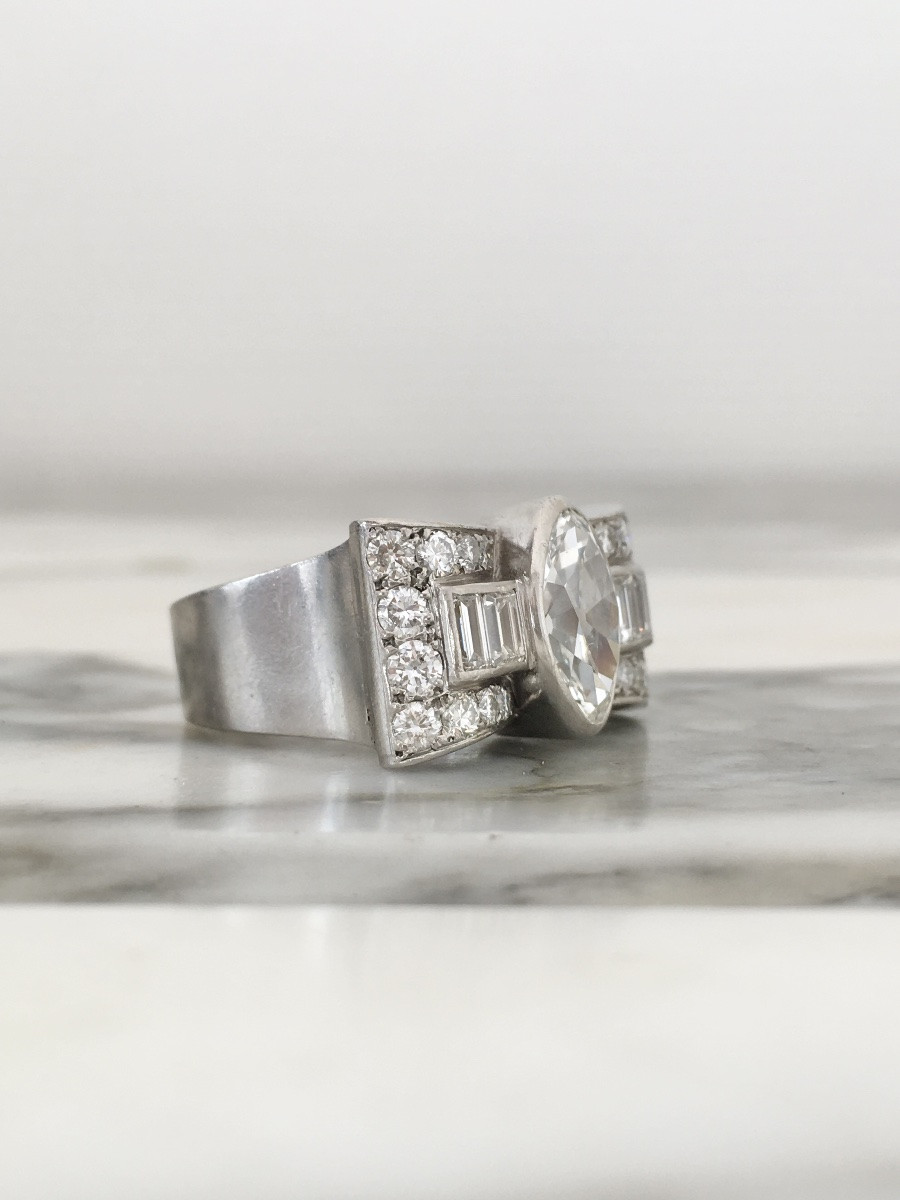 Bague Tank Art Déco en platine et diamants 3,16 ct-photo-4