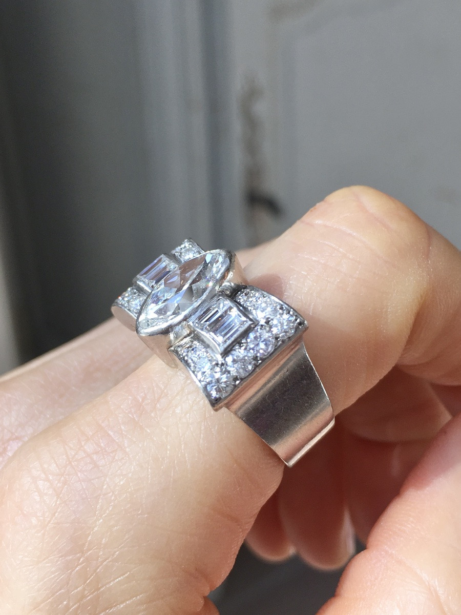 Bague Tank Art Déco en platine et diamants 3,16 ct-photo-8