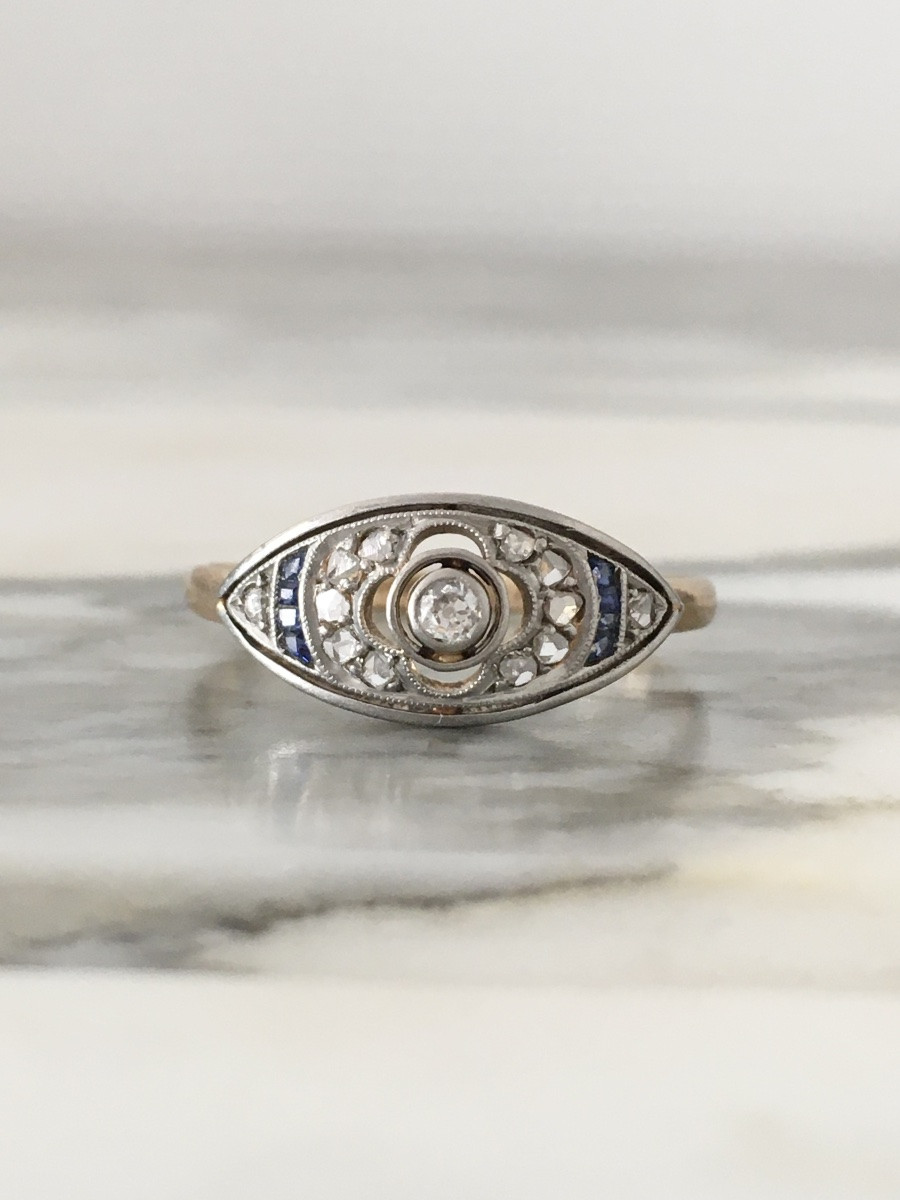 Bague Art-Déco en or jaune 18K et platine diamants -photo-2