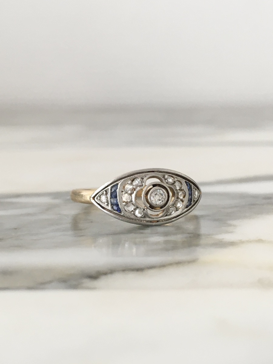 Bague Art-Déco en or jaune 18K et platine diamants -photo-3