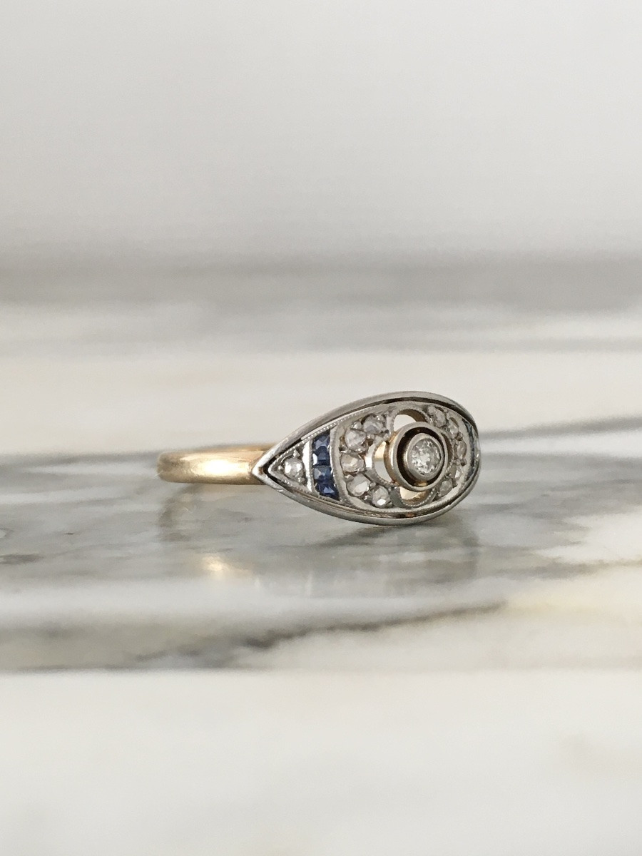 Bague Art-Déco en or jaune 18K et platine diamants -photo-4