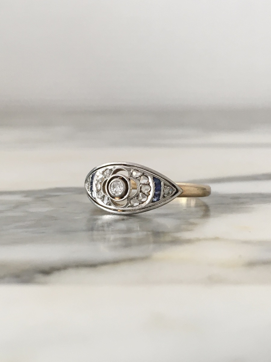 Bague Art-Déco en or jaune 18K et platine diamants -photo-1