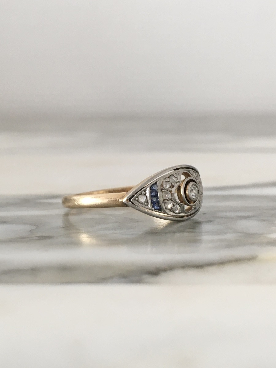 Bague Art-Déco en or jaune 18K et platine diamants -photo-2