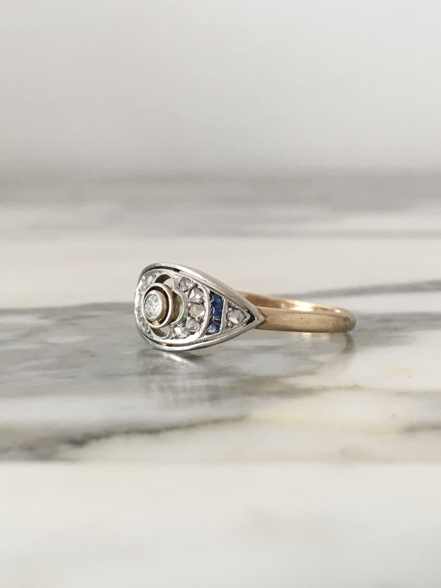 Bague Art-Déco en or jaune 18K et platine diamants -photo-3