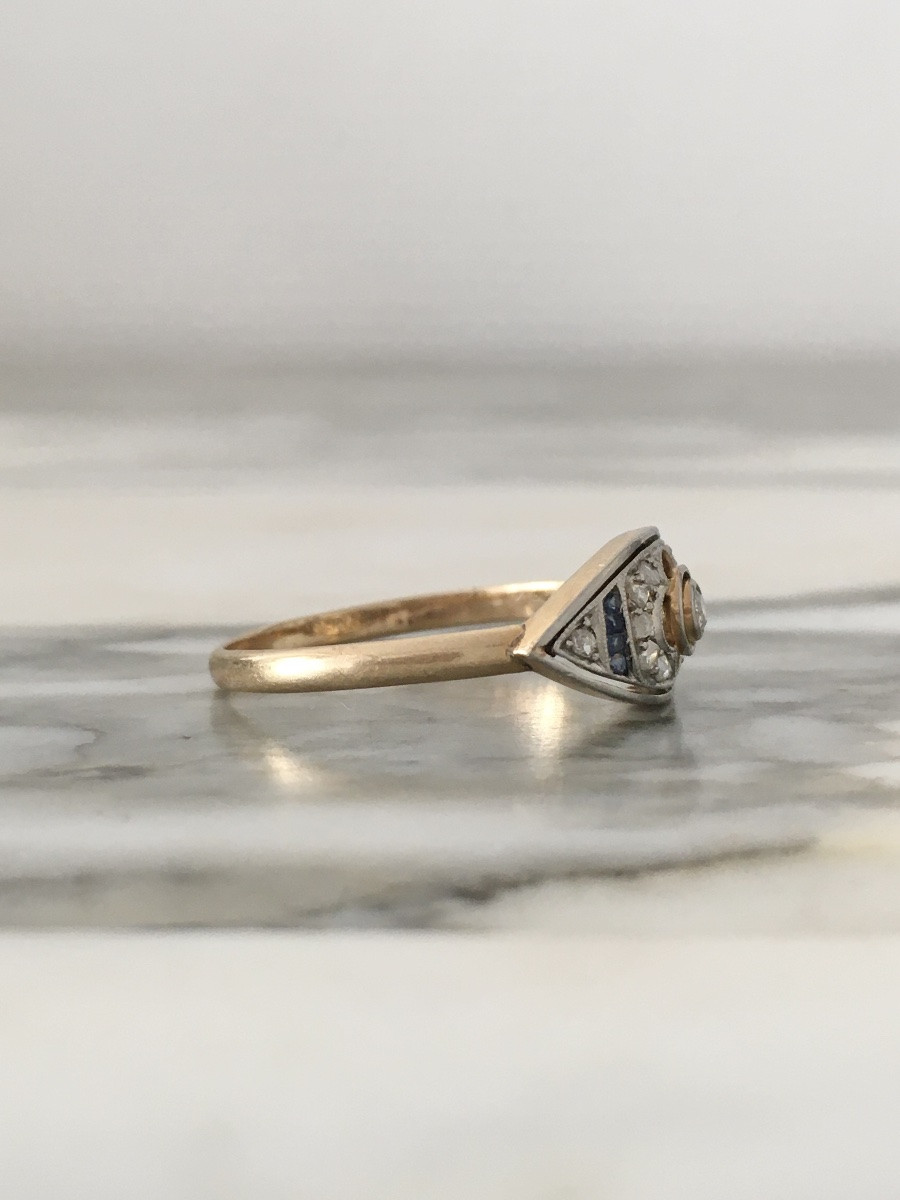 Bague Art-Déco en or jaune 18K et platine diamants -photo-4