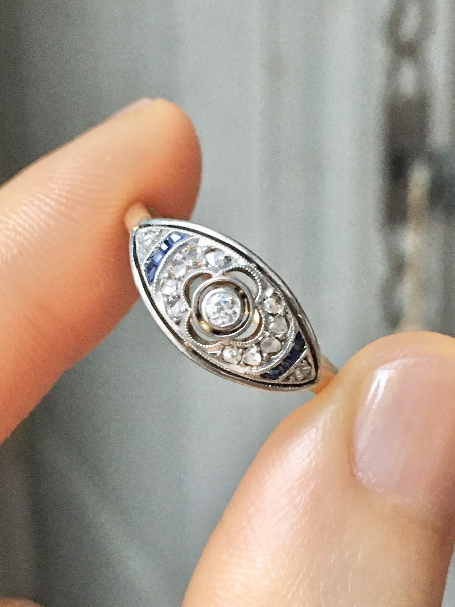 Bague Art-Déco en or jaune 18K et platine diamants -photo-6