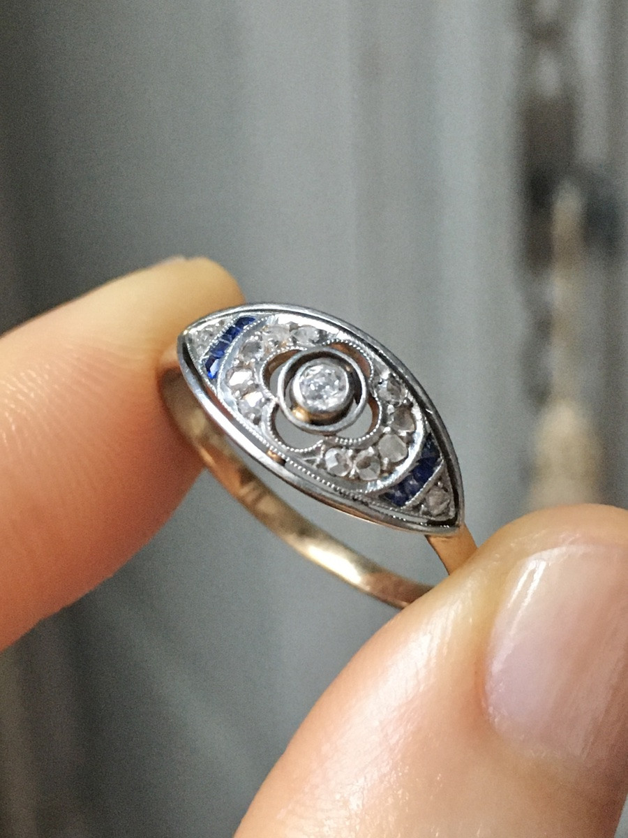 Bague Art-Déco en or jaune 18K et platine diamants -photo-7