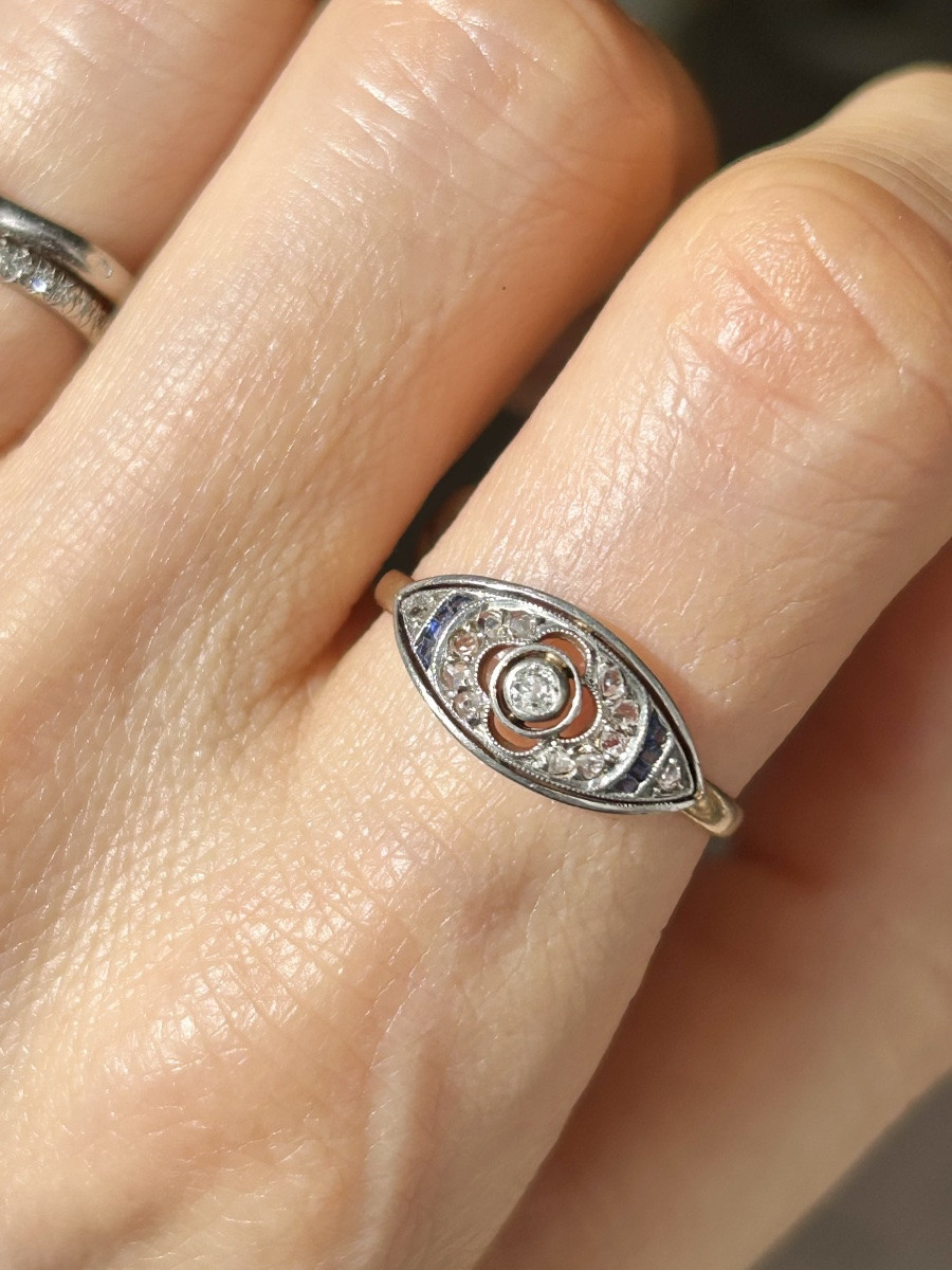 Bague Art-Déco en or jaune 18K et platine diamants -photo-8