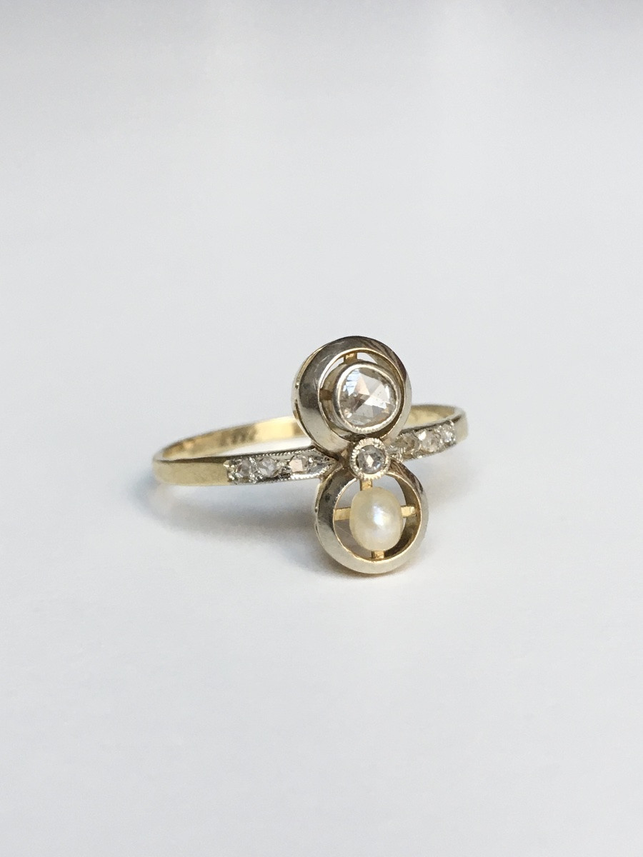 Art-deco Toi Et Moi Ring In 18k Yellow Gold And Platinum Diamonds-photo-3