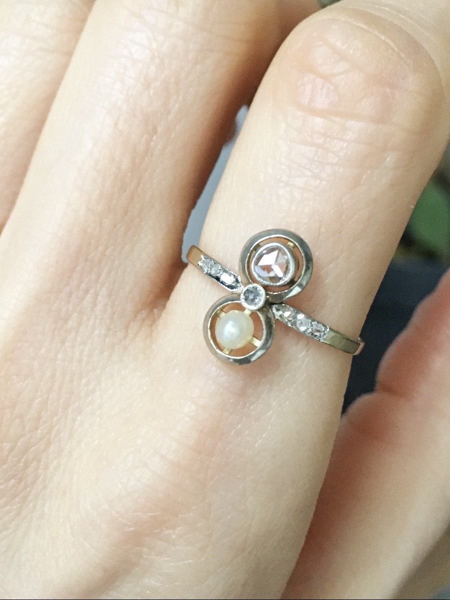 Art-deco Toi Et Moi Ring In 18k Yellow Gold And Platinum Diamonds-photo-5