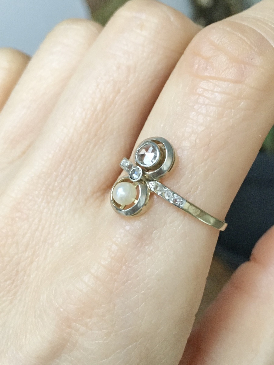 Art-deco Toi Et Moi Ring In 18k Yellow Gold And Platinum Diamonds-photo-7