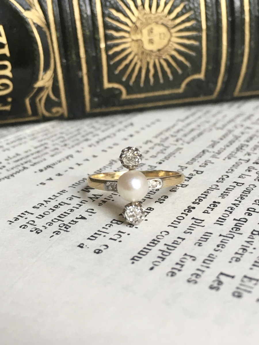 Antique 18k Yellow Gold And Platinum Pearl And Diamond Ring-photo-2