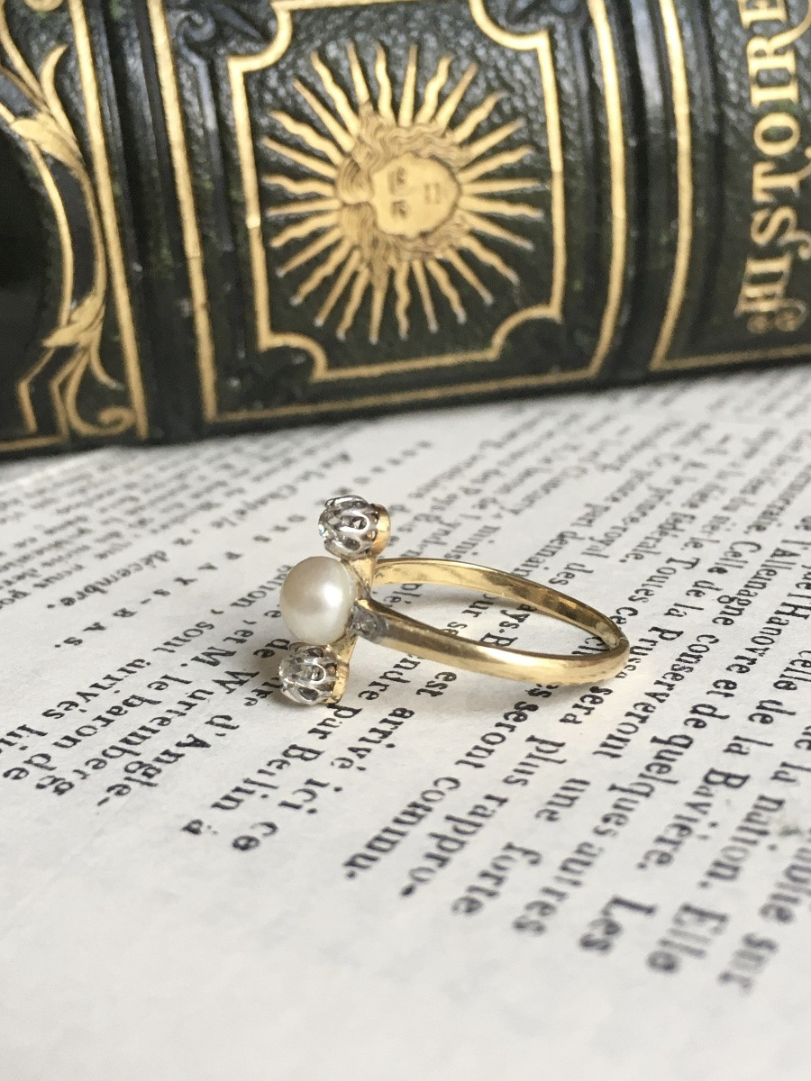 Antique 18k Yellow Gold And Platinum Pearl And Diamond Ring-photo-3