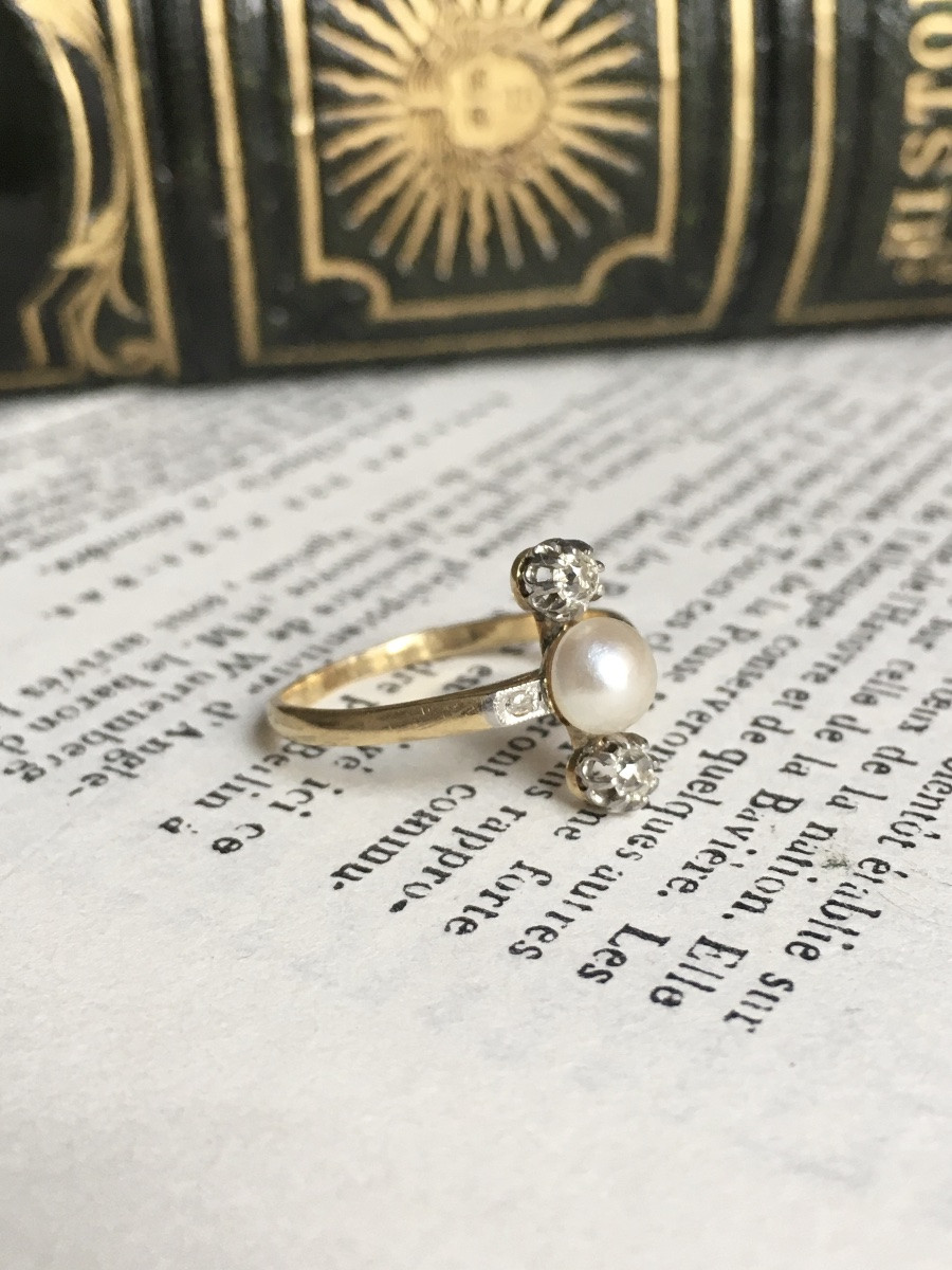 Antique 18k Yellow Gold And Platinum Pearl And Diamond Ring-photo-4