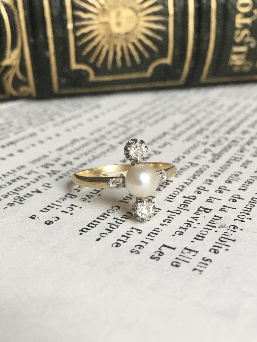 Antique 18k Yellow Gold And Platinum Pearl And Diamond Ring-photo-1