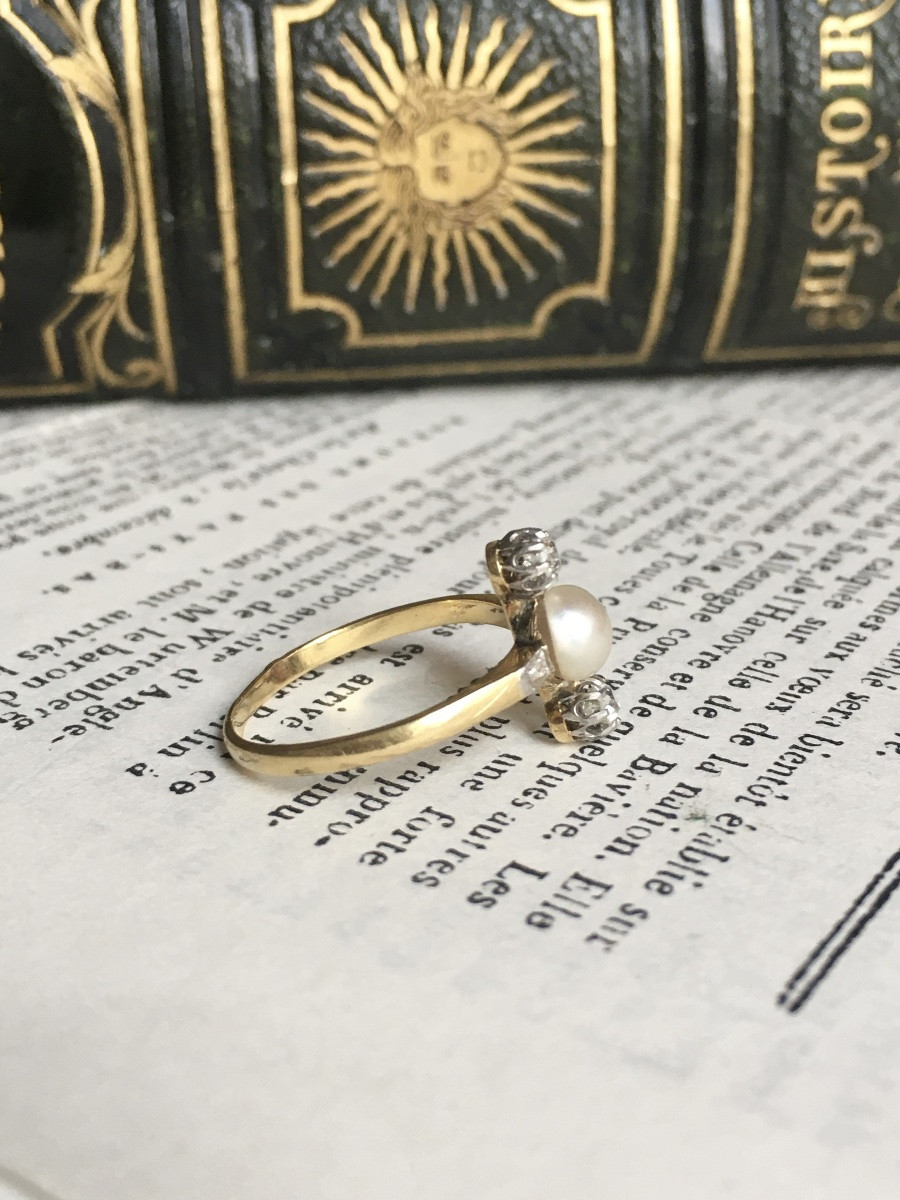 Antique 18k Yellow Gold And Platinum Pearl And Diamond Ring-photo-2