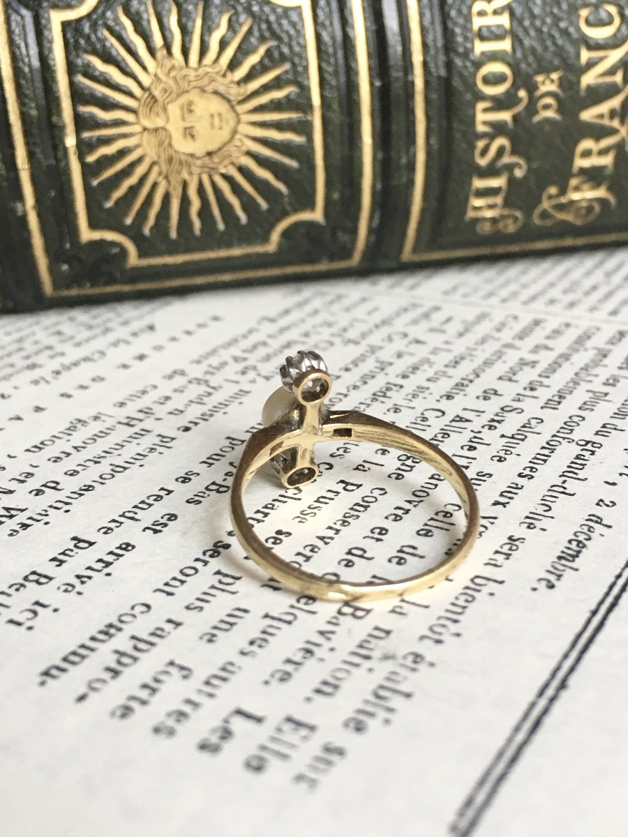 Antique 18k Yellow Gold And Platinum Pearl And Diamond Ring-photo-3