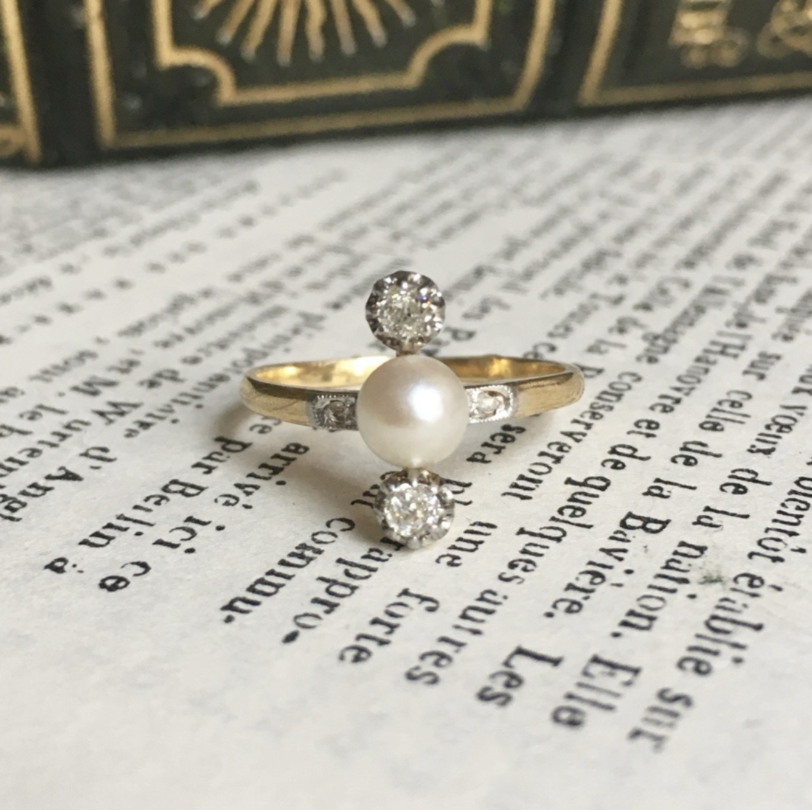 Antique 18k Yellow Gold And Platinum Pearl And Diamond Ring