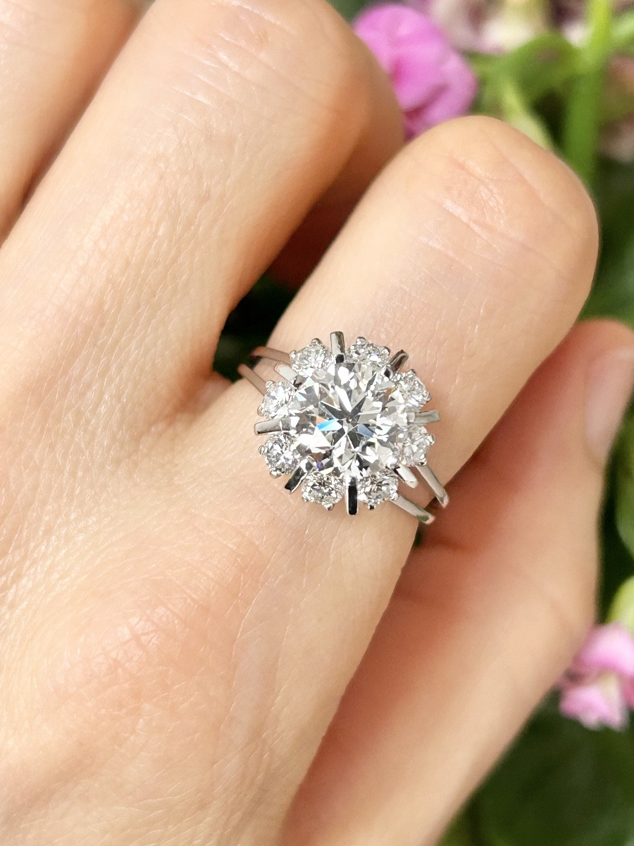 Bague marguerite en platine et diamants 2,89 ct -photo-4