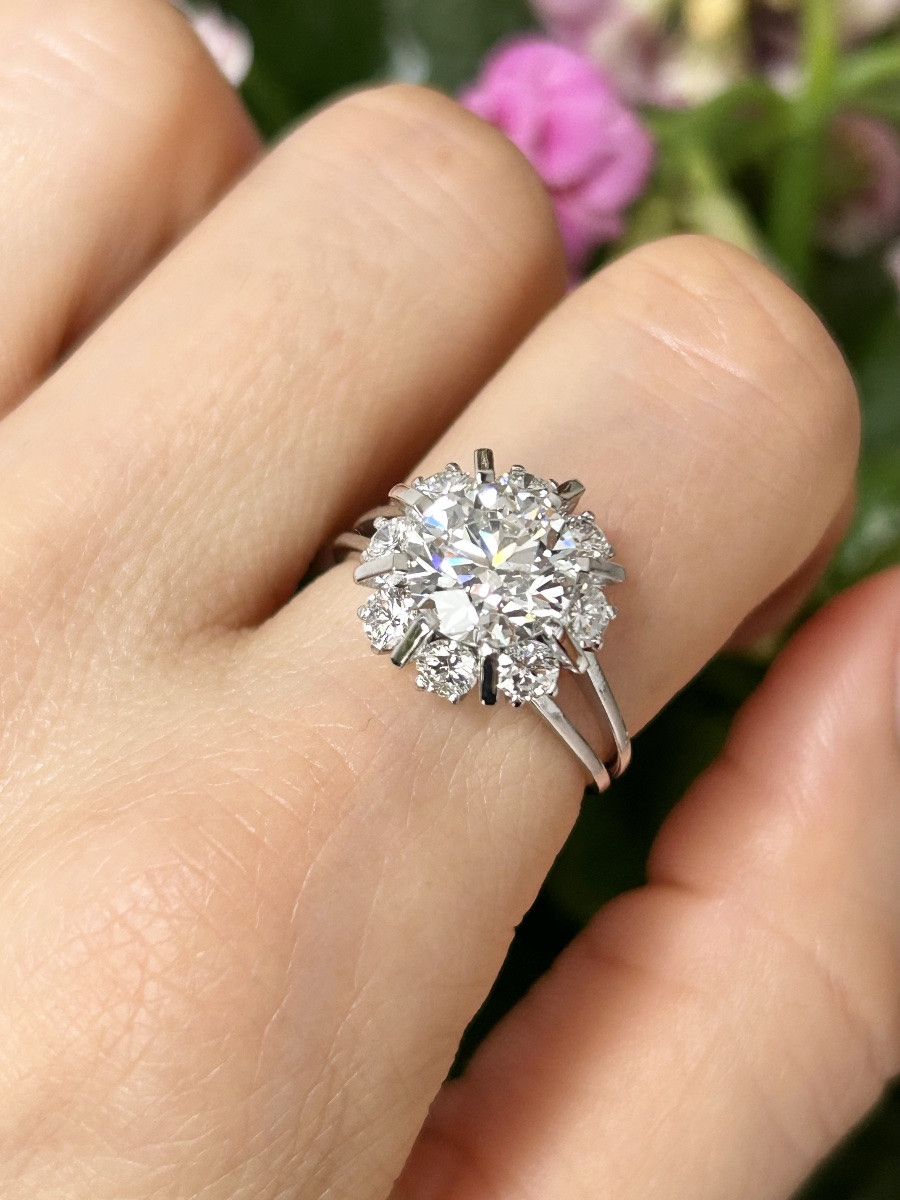 Bague marguerite en platine et diamants 2,89 ct -photo-5