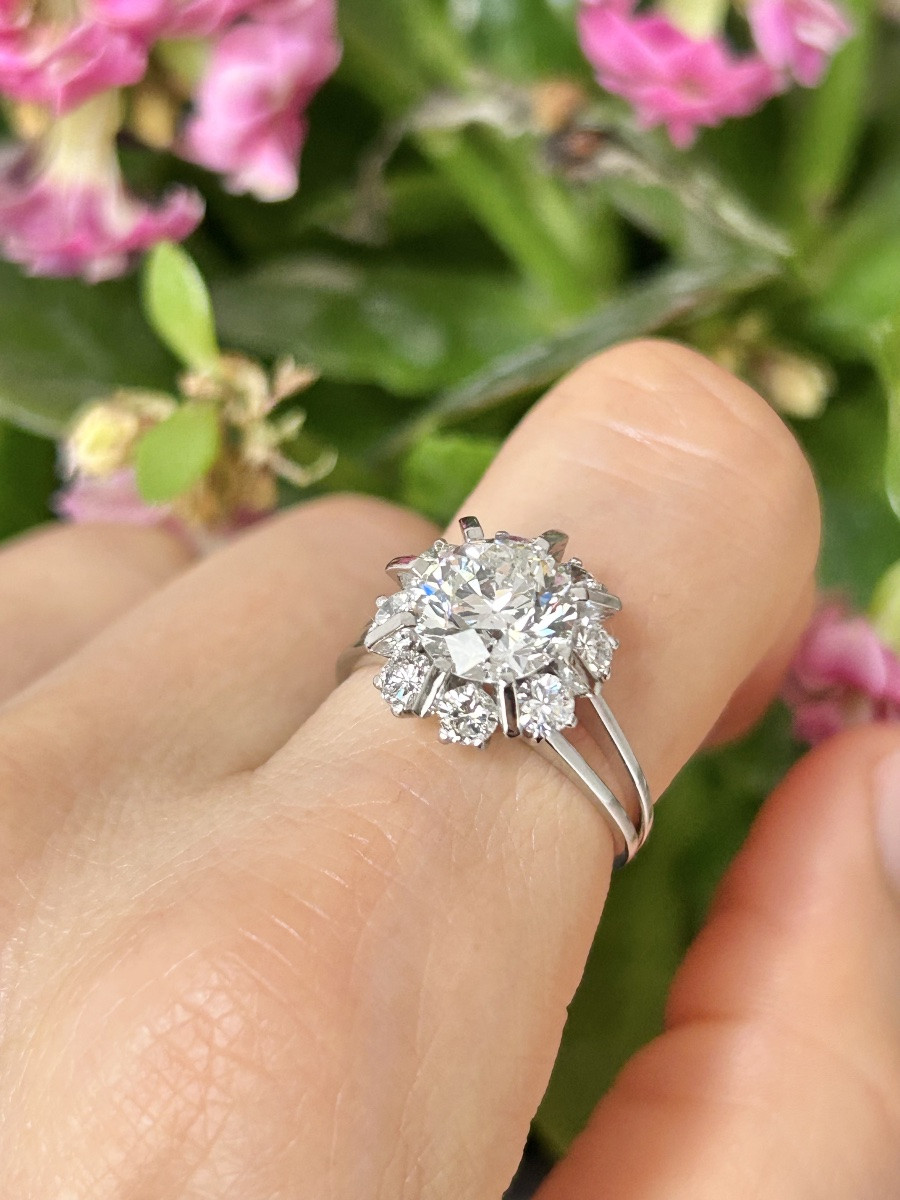 Bague marguerite en platine et diamants 2,89 ct -photo-6